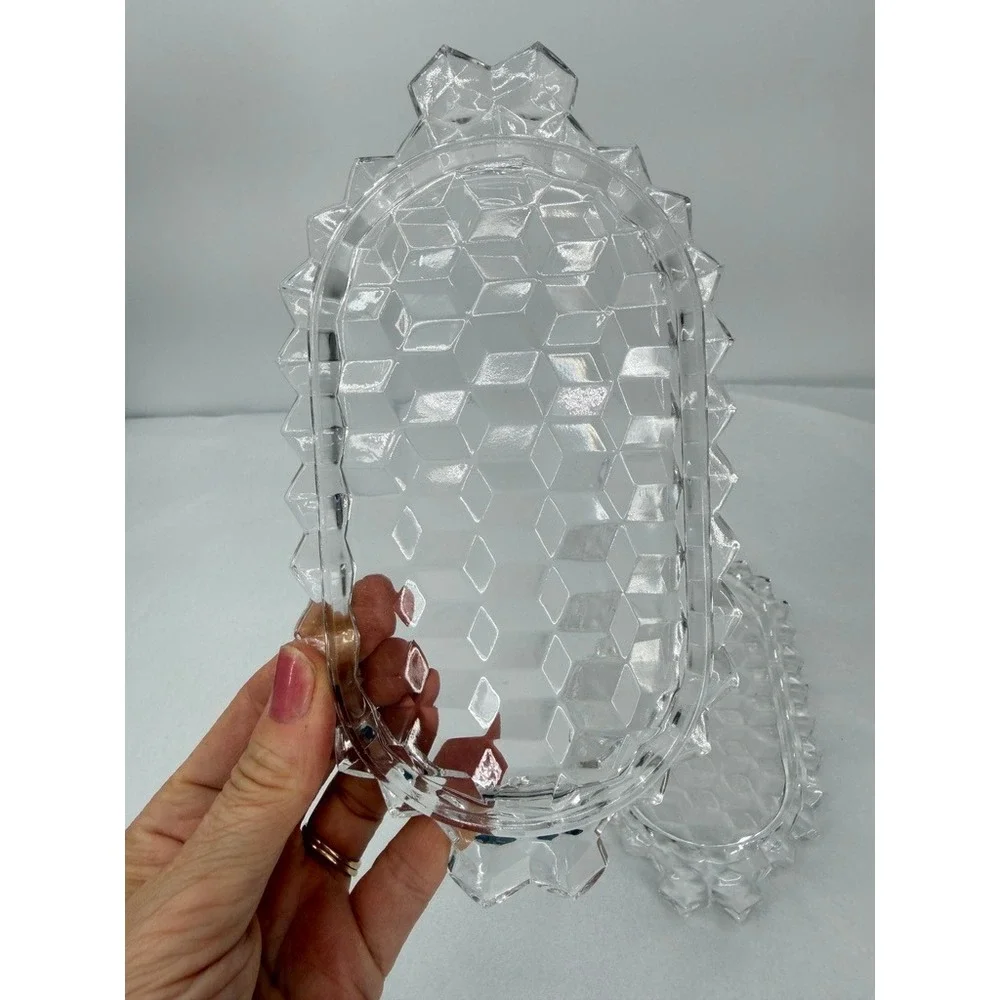 Fostoria American Glass Oval Trays Cube Pattern Clear Vintage Set of 2 Small